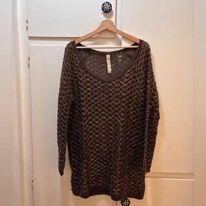 Free People Brown Open-Knit Metallic Thread Sweater - Oversized